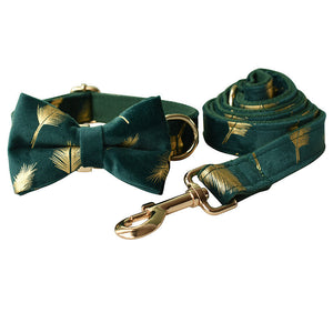 Transform Your Pet's Style with the Emerald Feather Pattern Pet Collar Bow Leash Set